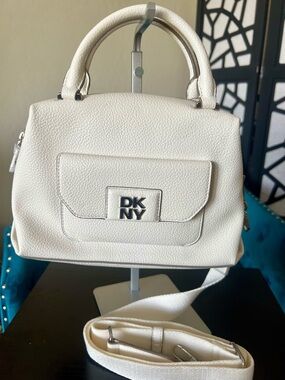 DKNY Marshmallow Robin Pebbled Faux Leather Satchel with Removable Strap. NWT